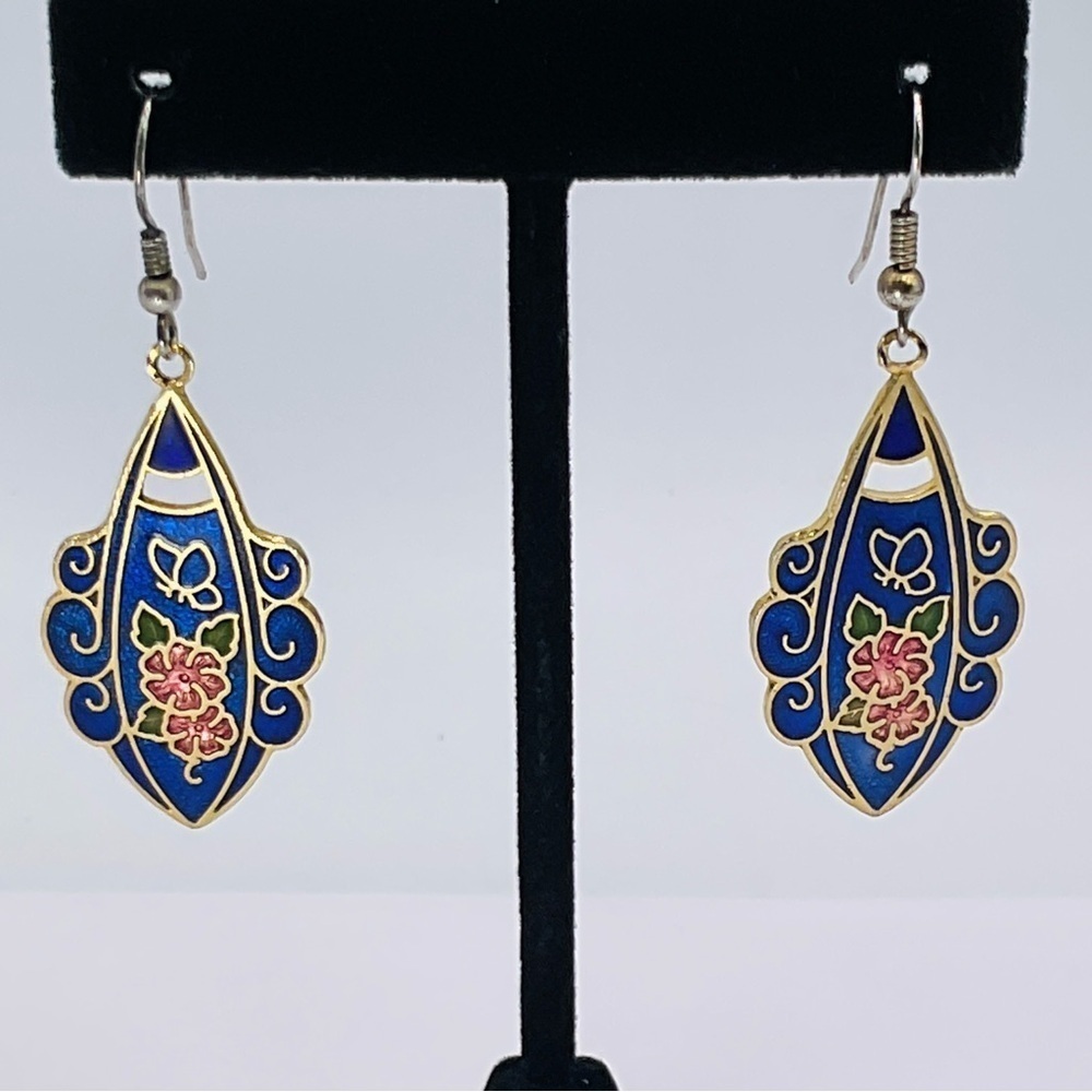 VTG Earrings Cloisonne Flower Blue Butterfly Gold Tone 80s Jewelry Retro Gift